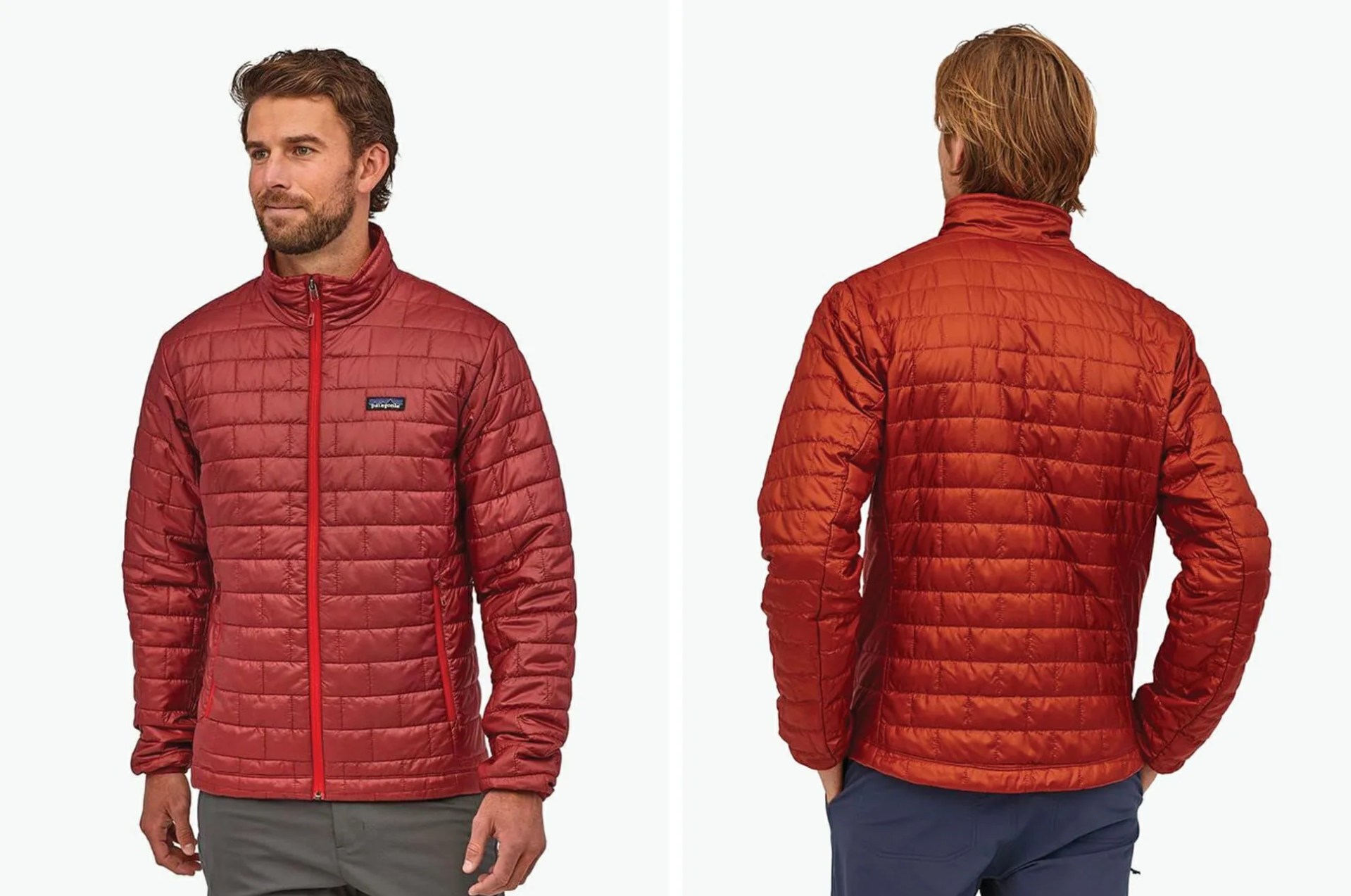 a man with a bear wearing a red insulated jacket