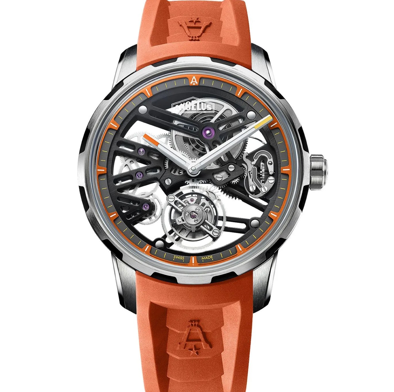 sporty skeleton watch on orange strap