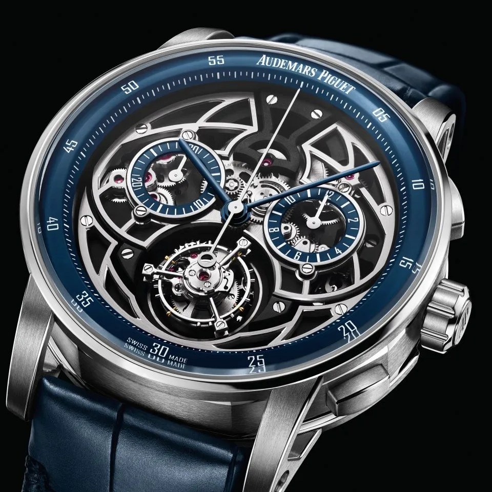 avant garde watch with tourbillon on blue strap