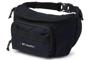 a black hip pack on a gray background