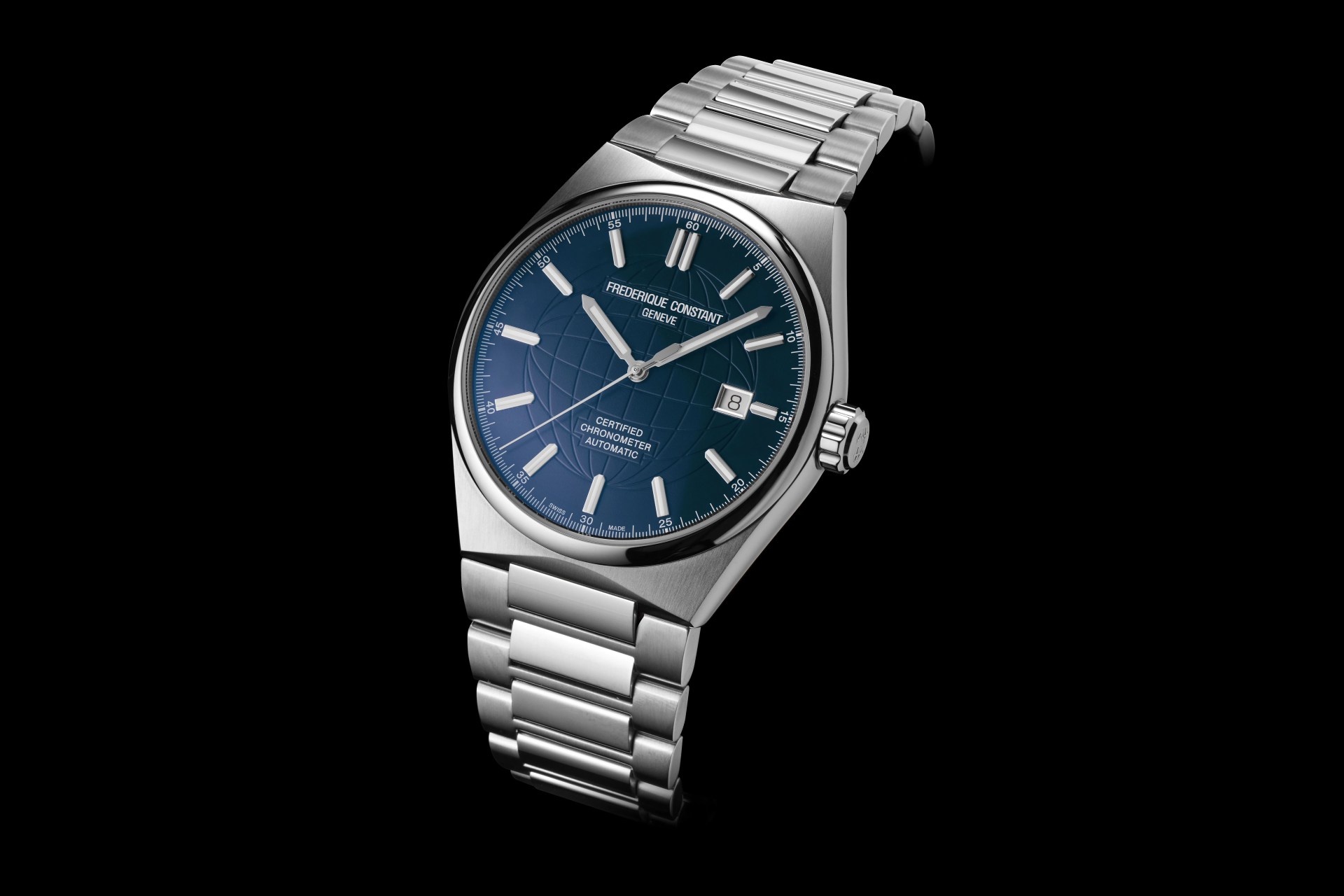 blue dial watch steel bracelet on black backgound
