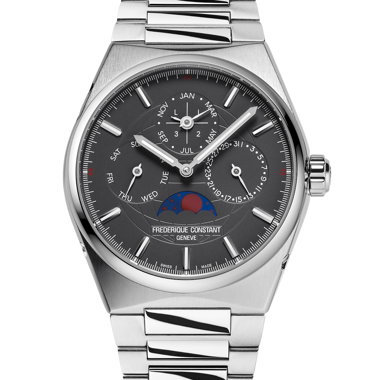 calendar watch on steel bracelet