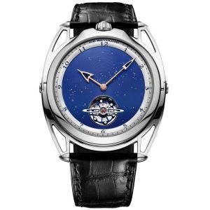 blue watch with tourbillon on white background