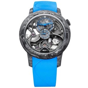 skeletonized carbon watch on blue dial