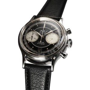 art deco chronograph watch on black leather strap