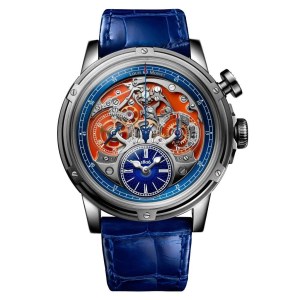 blue and orange chronograph with exposed mechanics