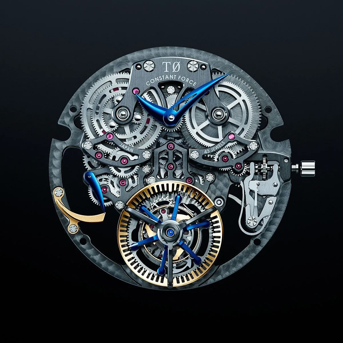 tourbillon watch movement on black background