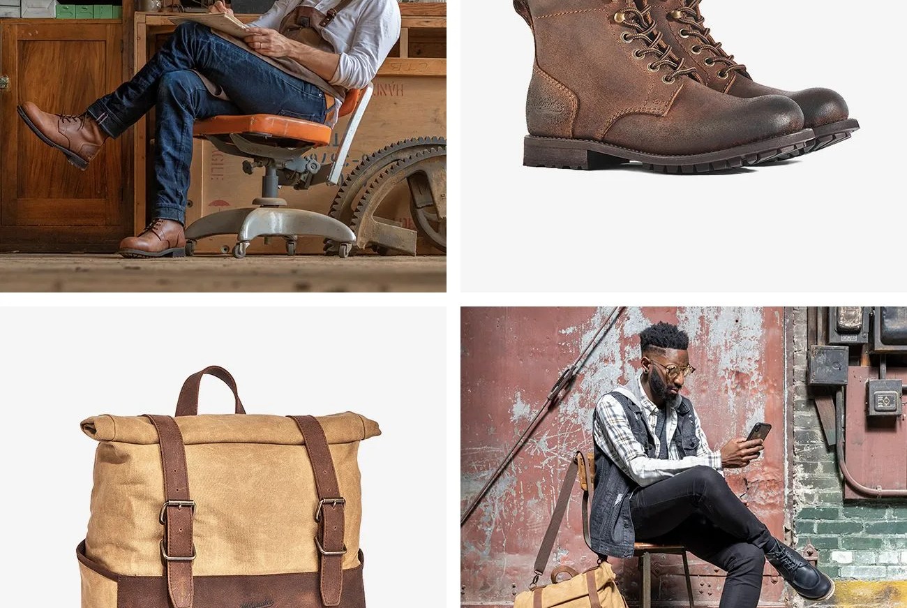 collage showing leather boots, a waxed canvas bag, and two men sitting wearing leather boots