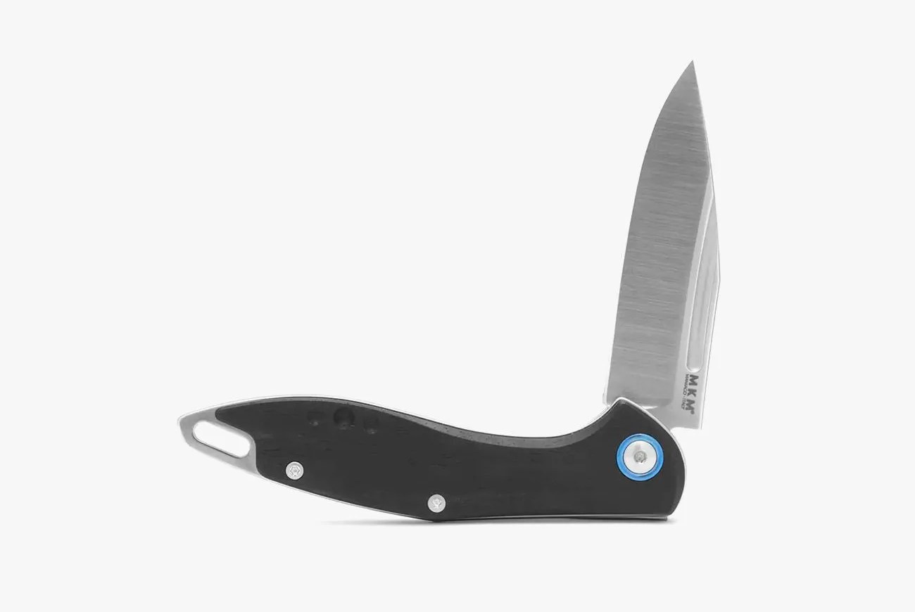 a folding knife with a black handle