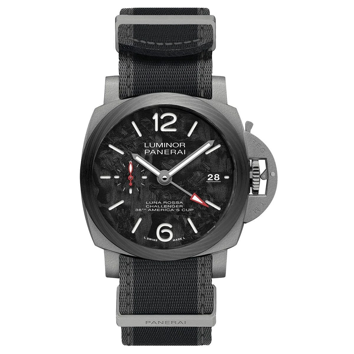 panerai watch with on fabric strap with carbon dial