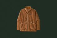 a light brown fleece coat with buttons