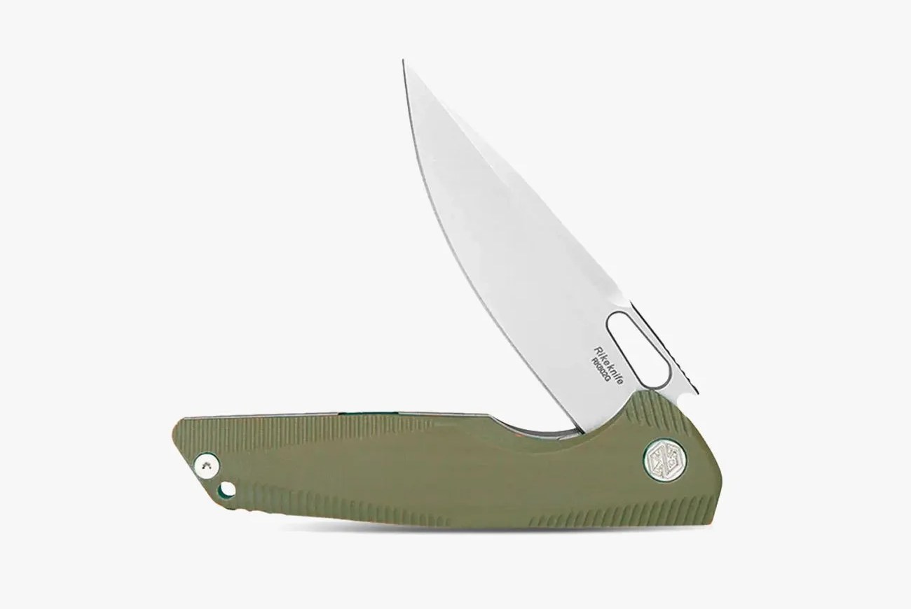 a folding knife with a green handle
