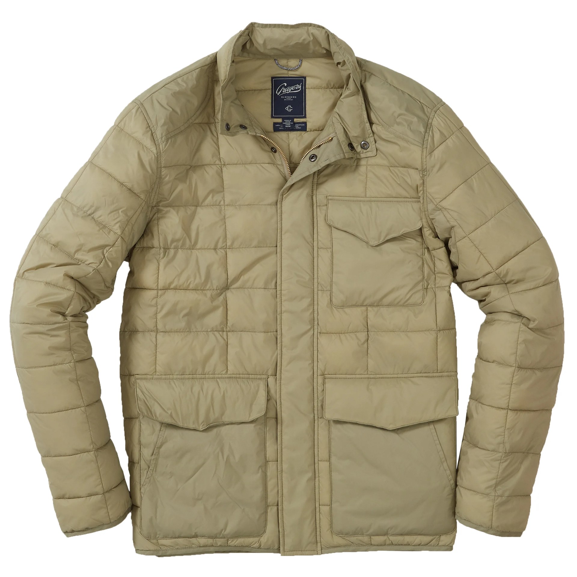 A tan down jacket