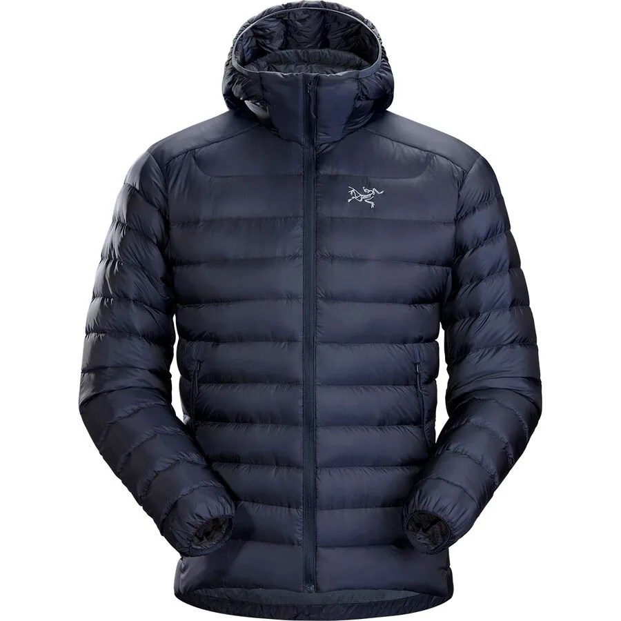 a navy down jacket