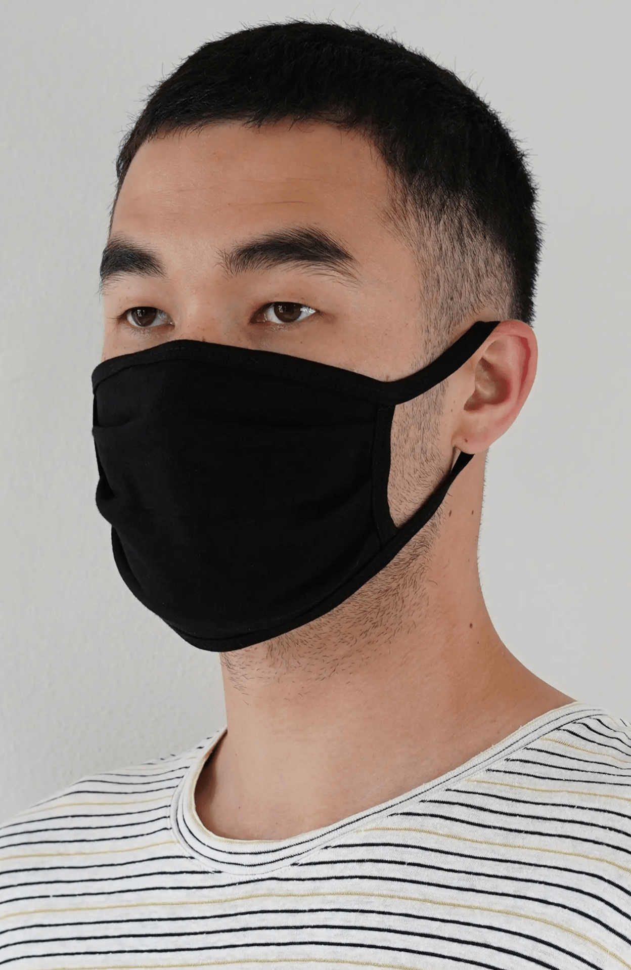 A model wearing a black face mask