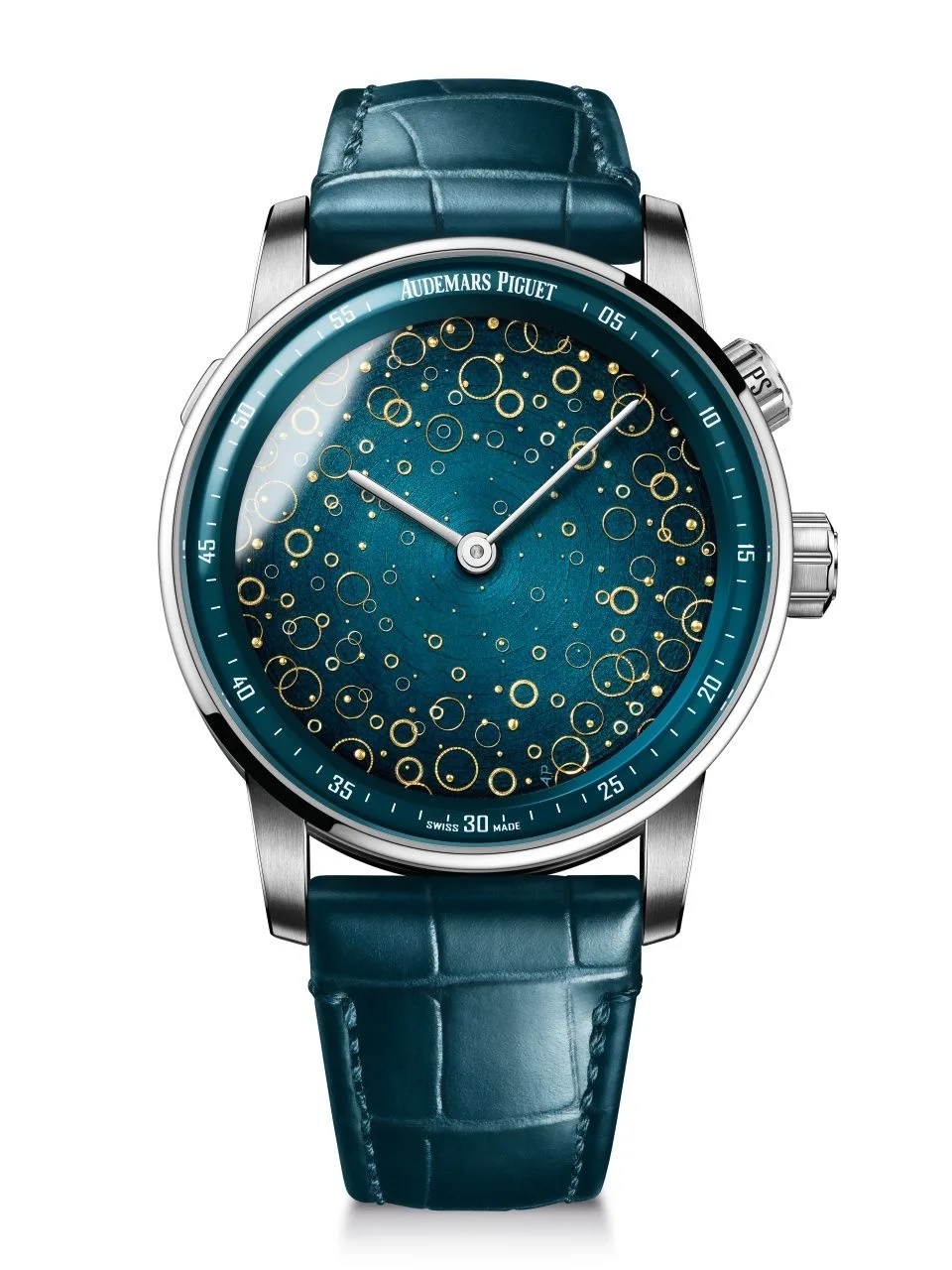 blue watch with bubble motif dial