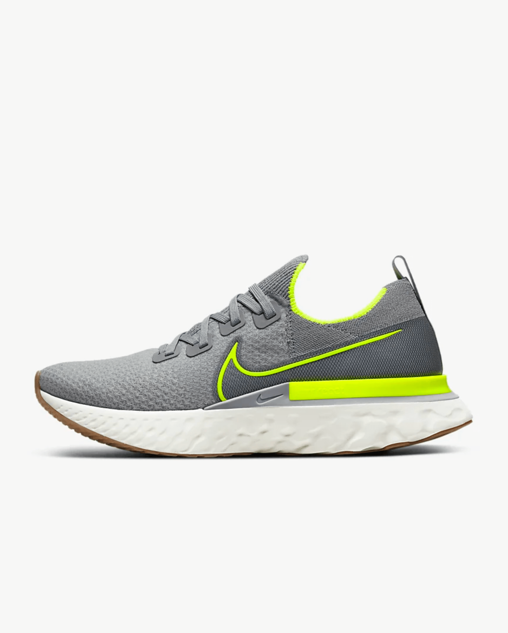 A gray running shoe