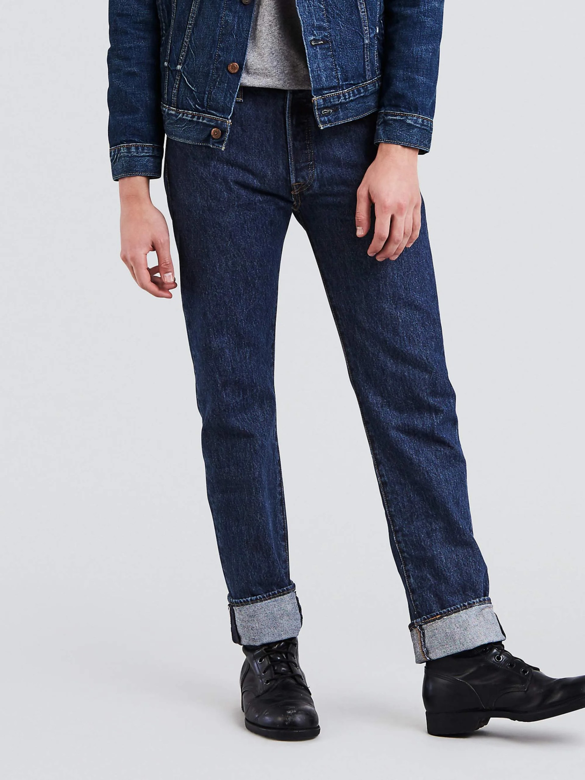 A model wearing blue jeans
