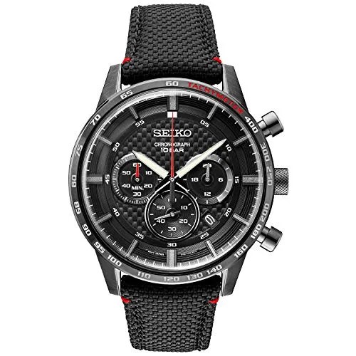 Seiko Men's Stainless Steel Japanese Quartz Leather Calfskin Strap, Black, Casual Watch (Model: SSB359)
