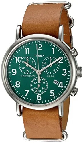 Timex Unisex TWC066500 Weekender Chrono Green/Tan Double-Layered Leather Slip-Thru Strap Watch