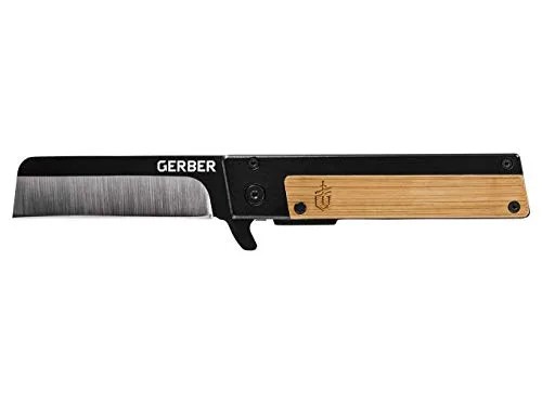 a folding pocket knife with a black and wood handle