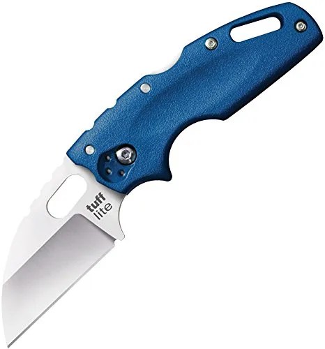 a folding pocket knife with a blue handle