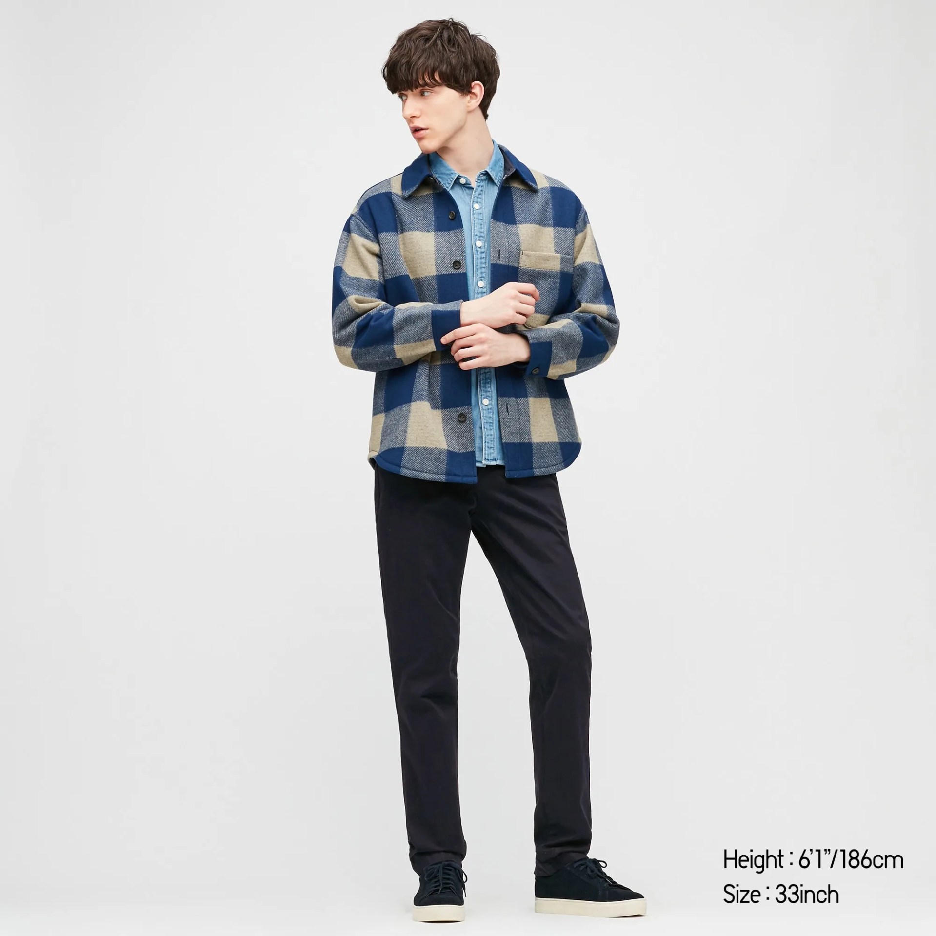 A model wearing blue chinos