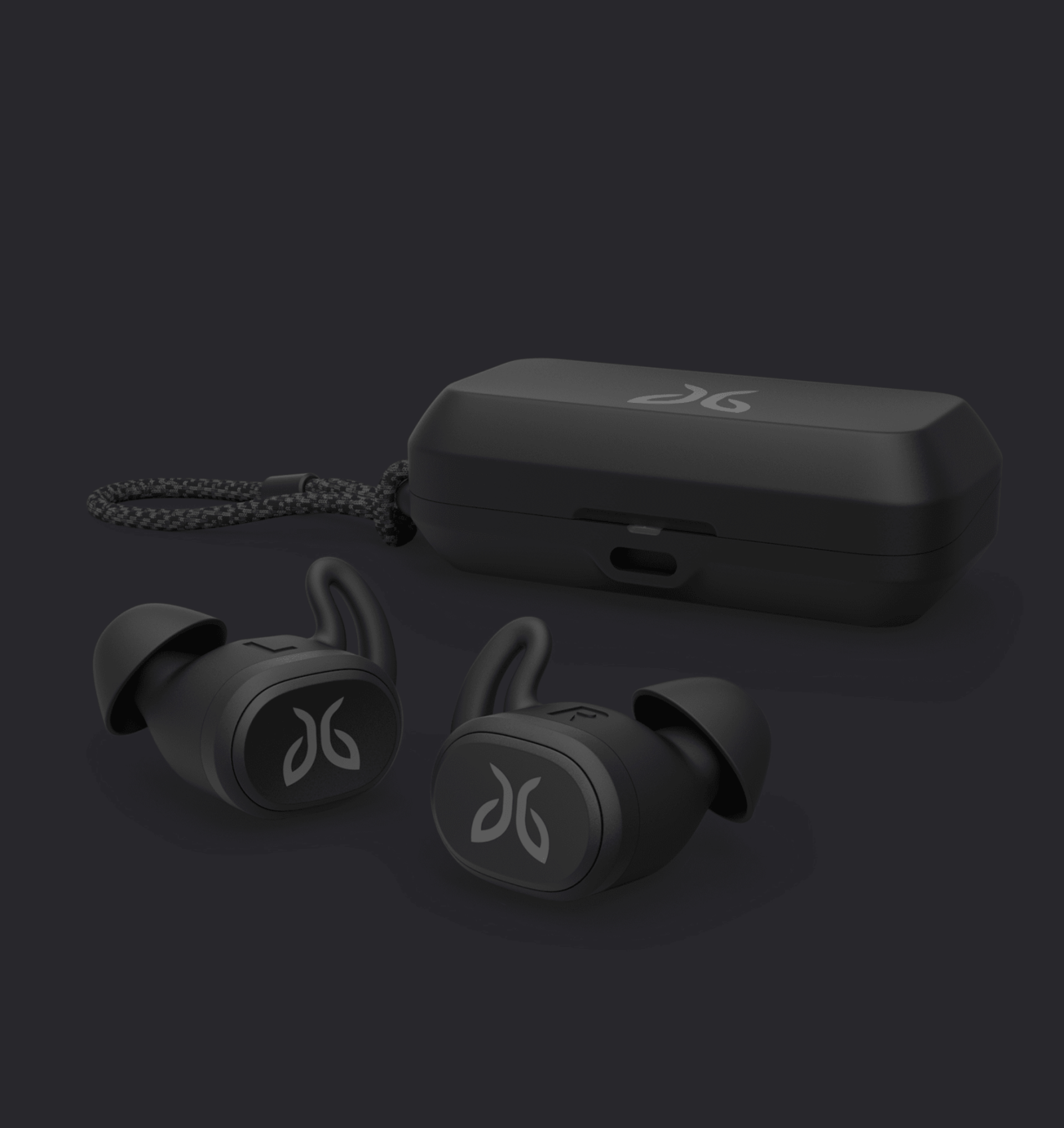 A pair of black wireless earbuds