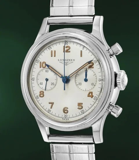 Ref. 6474 - 5 A fine and large stainless steel flyback chronograph wristwatch with luminous "telephone" dial and steel bracelet
