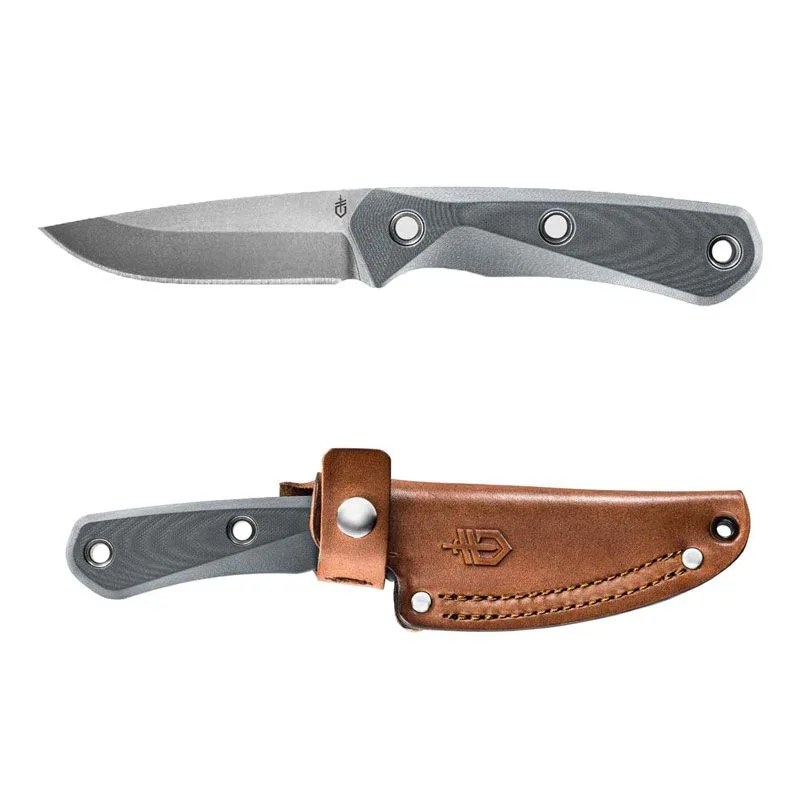 a fixed blade knife with a gray handle
