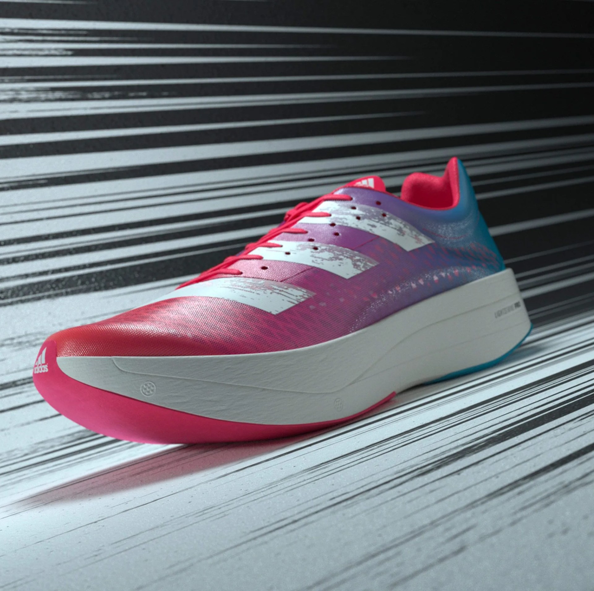 a pink and blue running shoe with white accents