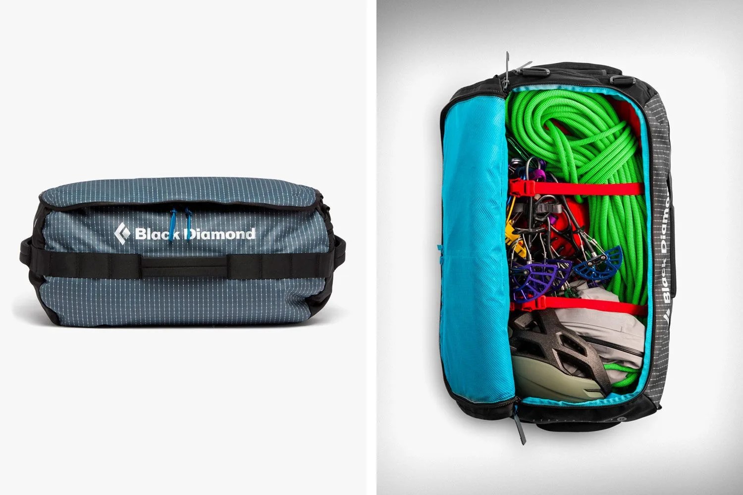 a gray duffel filled with climbing gear