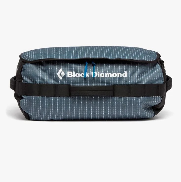 a gray duffel filled with climbing gear
