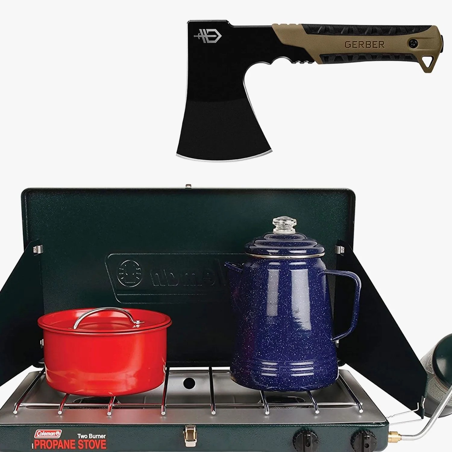 a camping stove and an ax