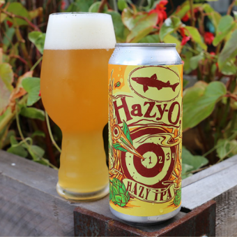a hazy ipa beer can poured out into a glass