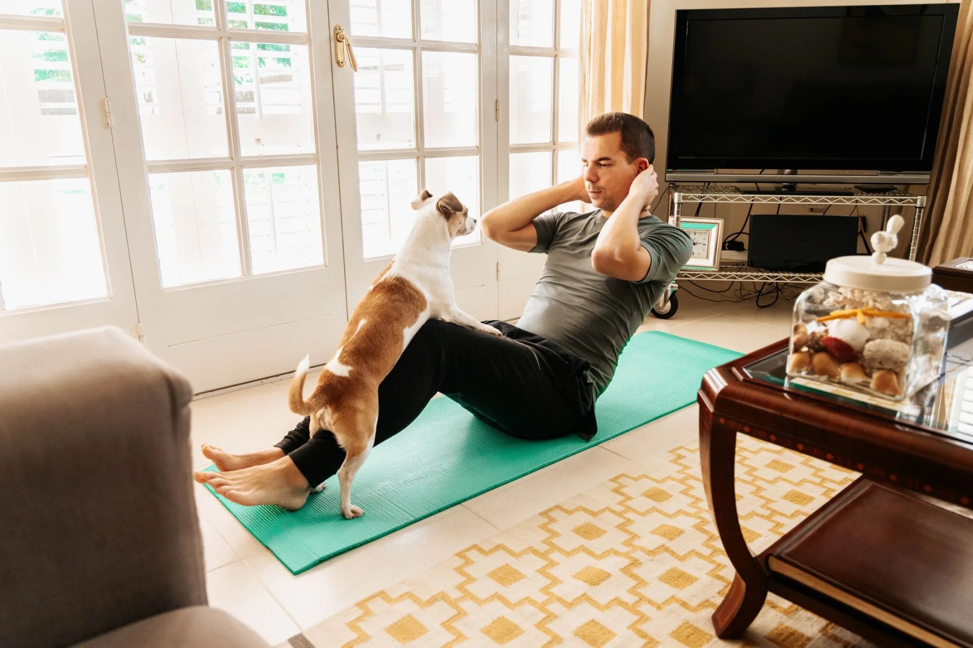 doing exercise at home with dog during coronavirus quarantine covid 19