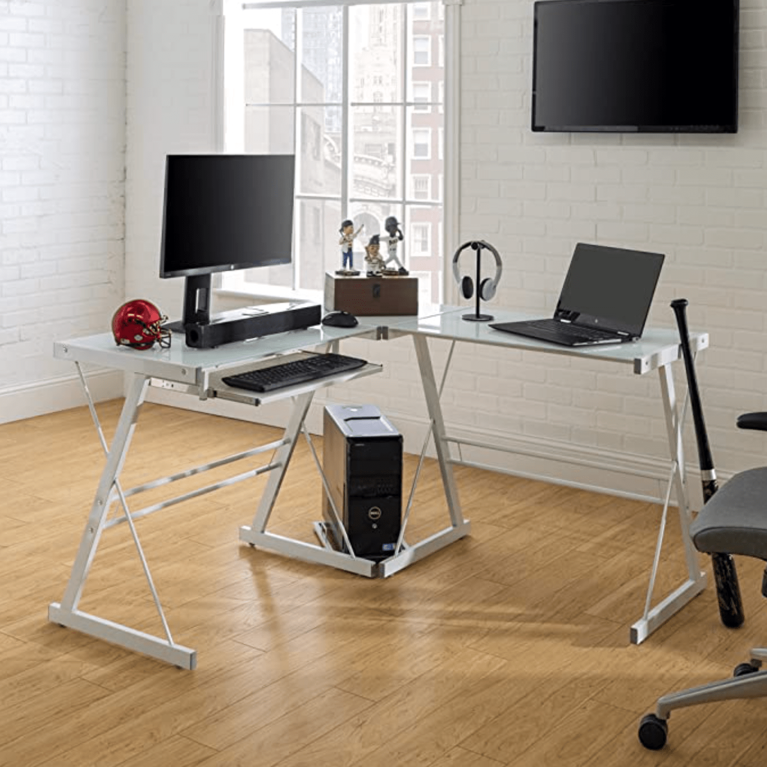 a desk setup in a home office
