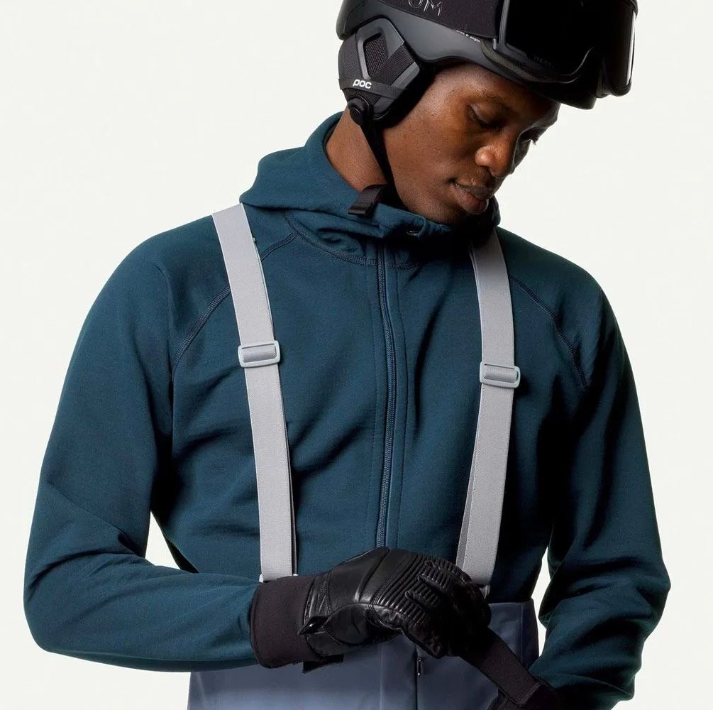 a man wearing a blue fleece and a ski helmet