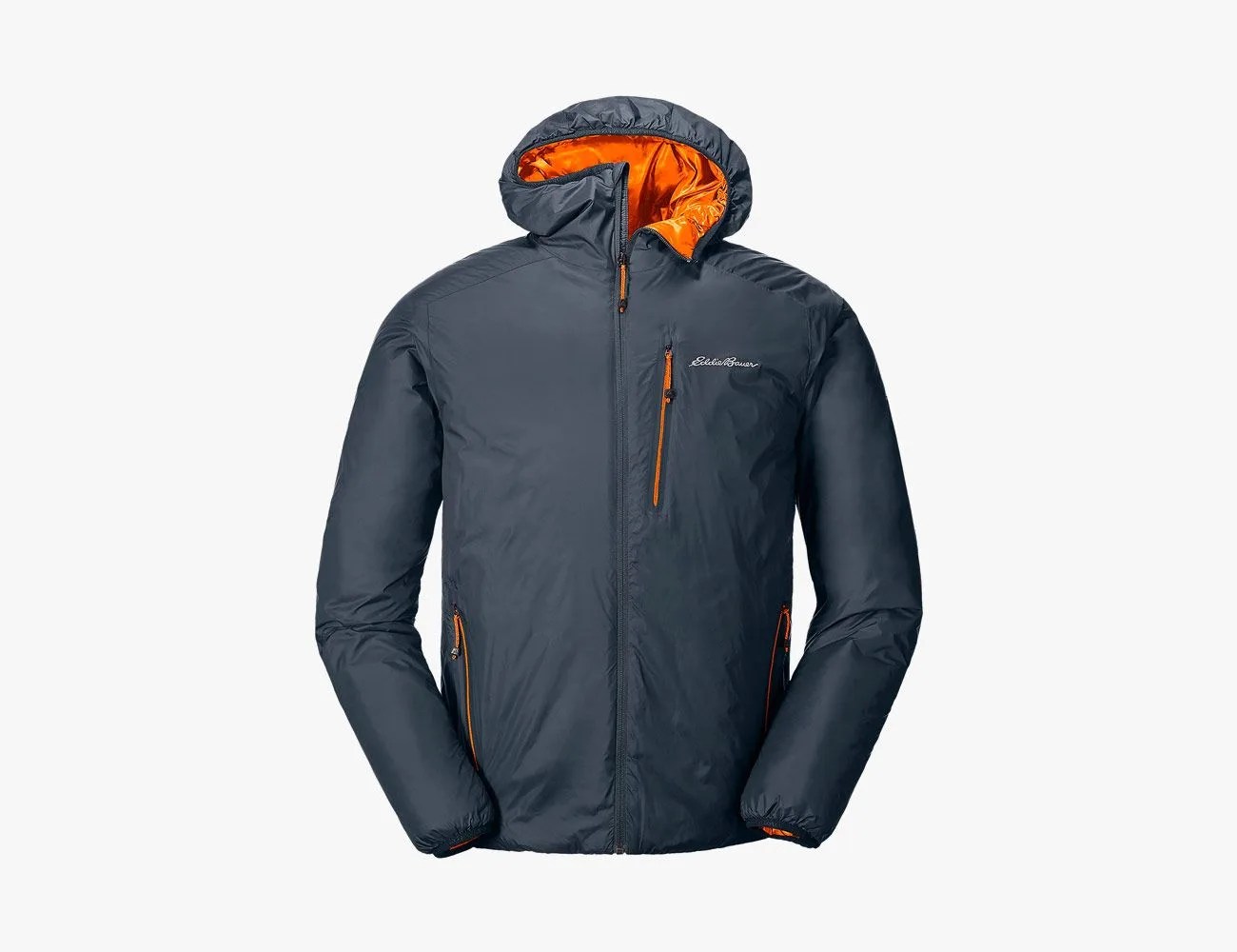 a navy down jacket with an orange interior