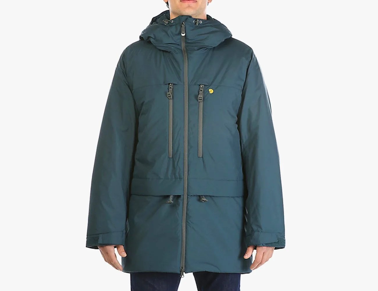a long navy insulated jacket