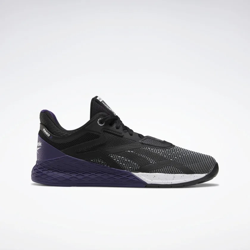 a black and purple gym shoe