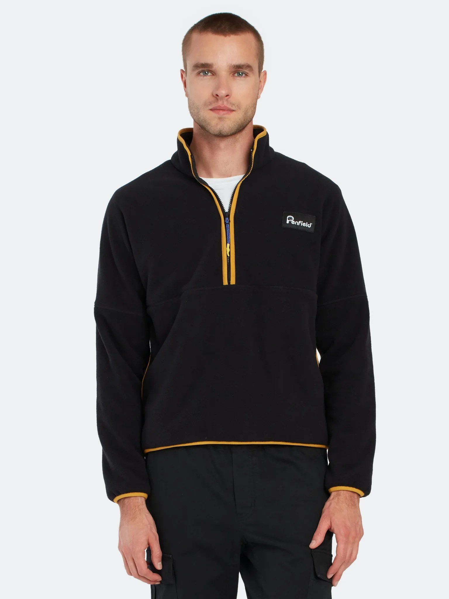 A model wearing a fleece pullover
