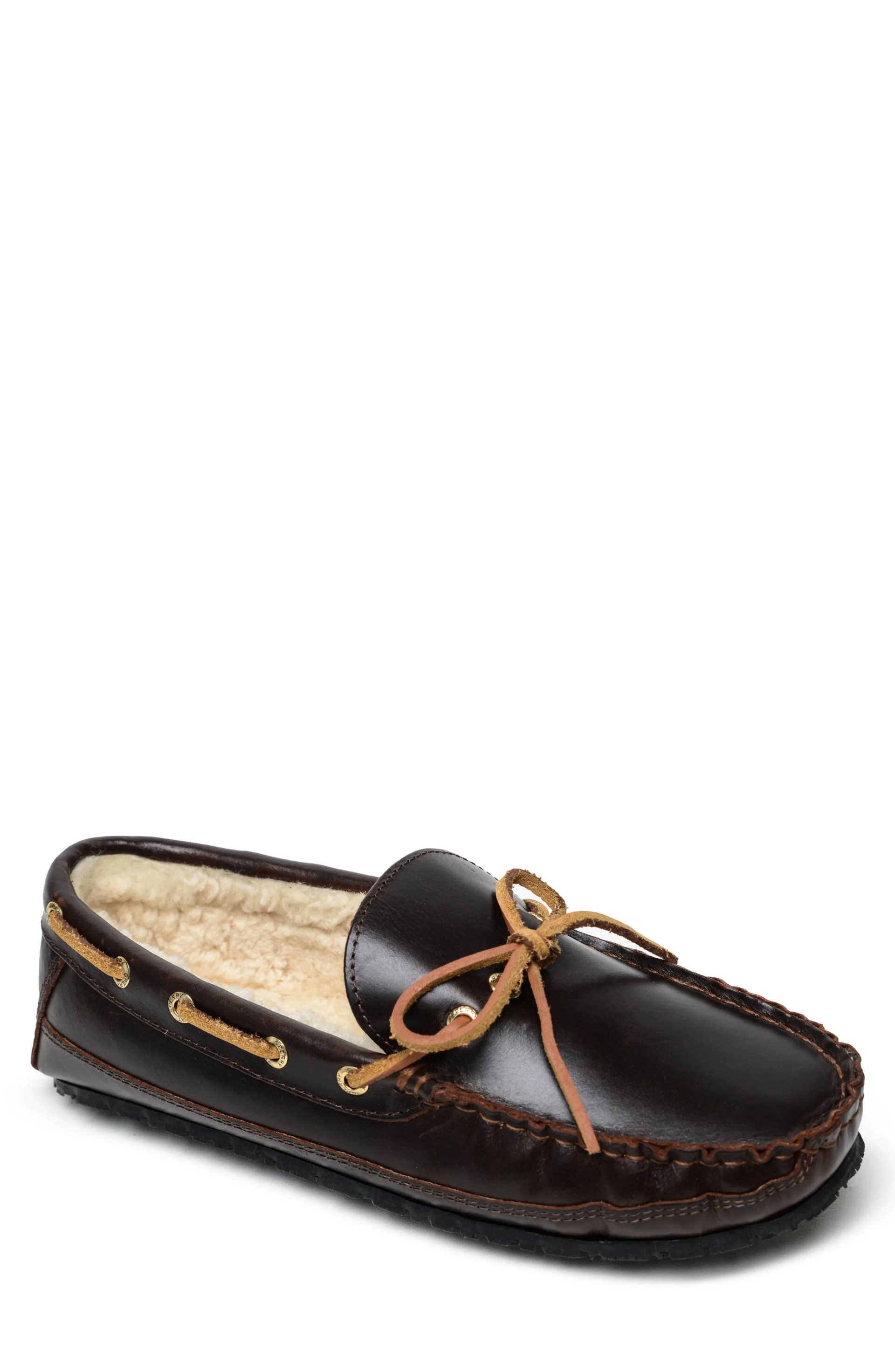 Brown leather slipper with fleece lining