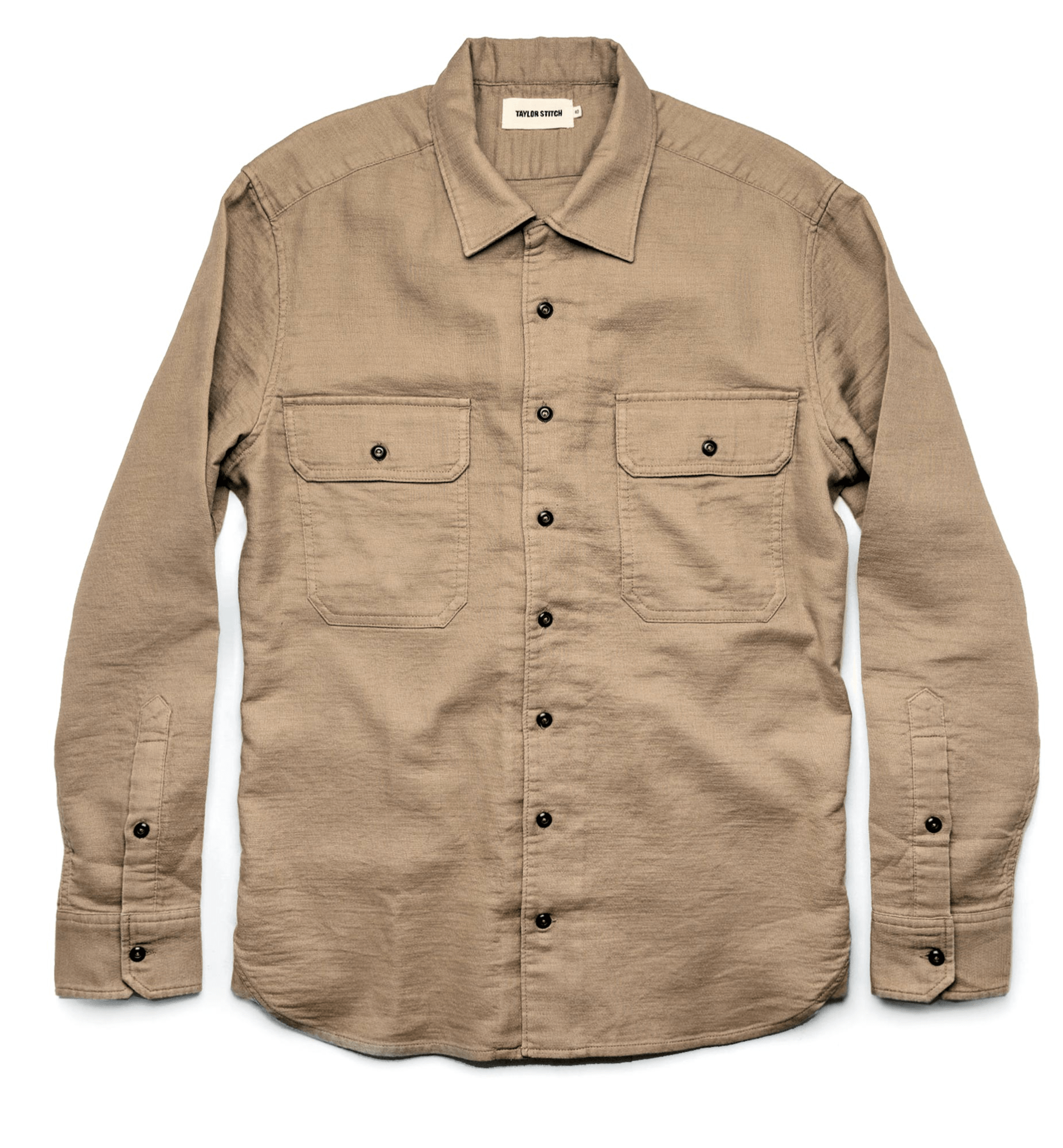 A khaki button down shirt