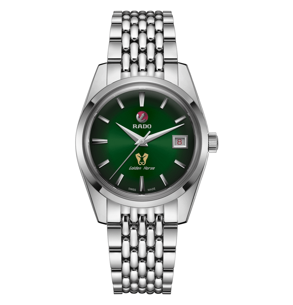green watch on beads of rice bracelet