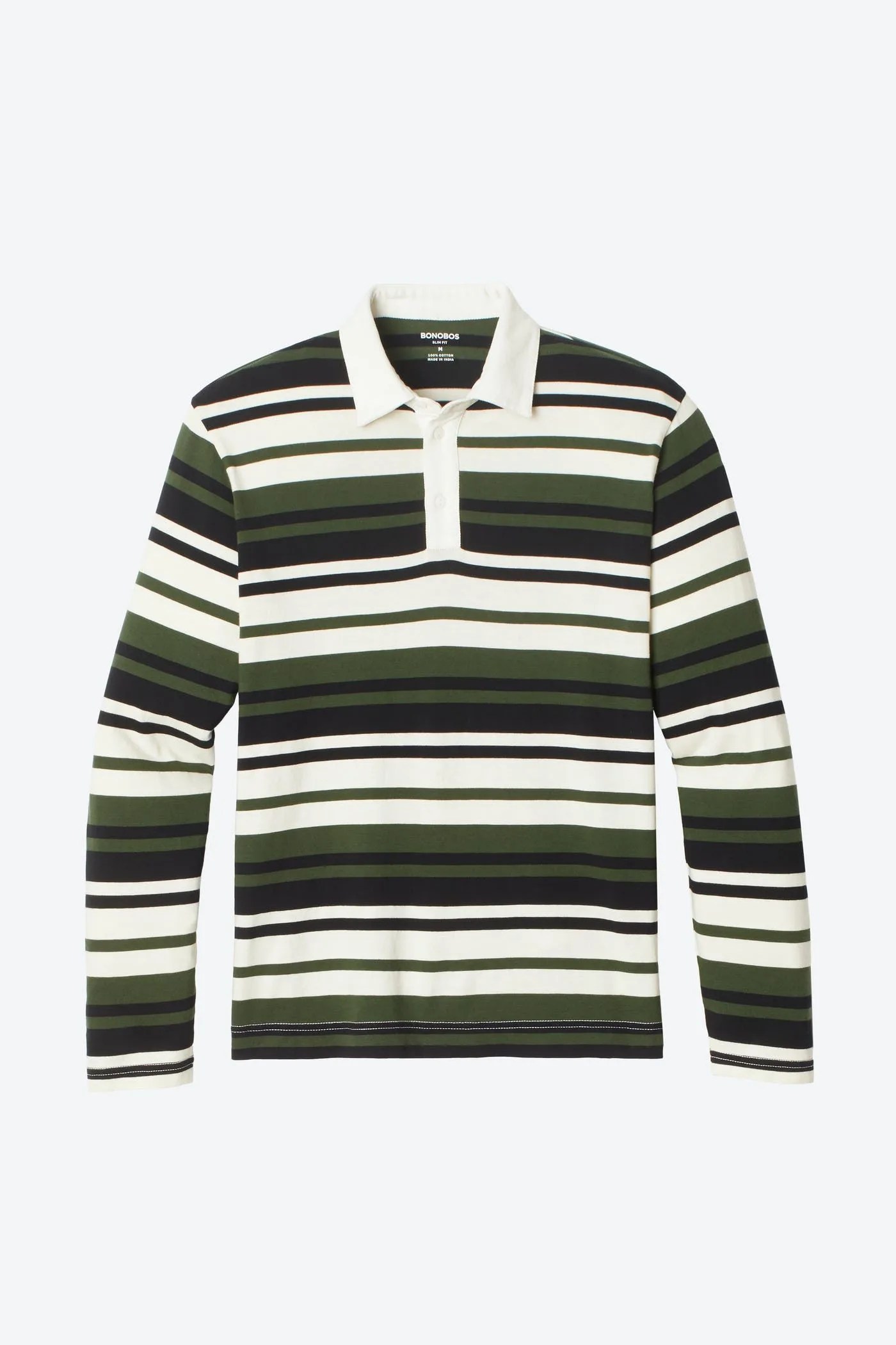 green, black and white striped rugby shirt