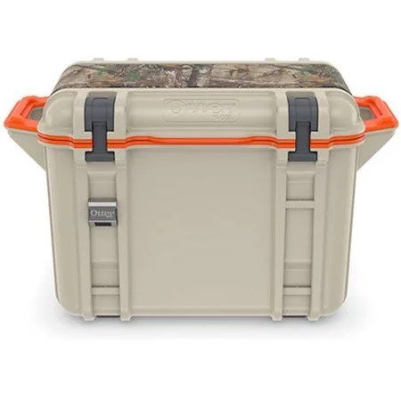 a tan cooler with a camo top