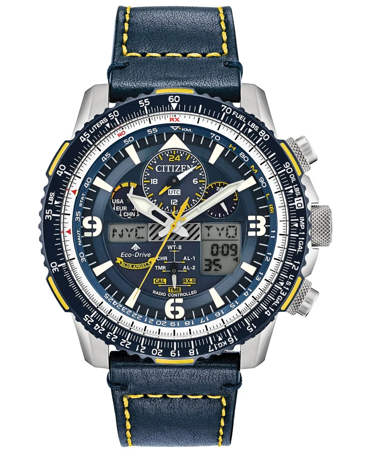 complicated looking blue chronograph watch with analog and digital displays