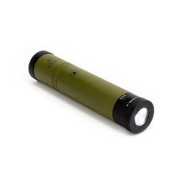 a green cylinder with a flashlight