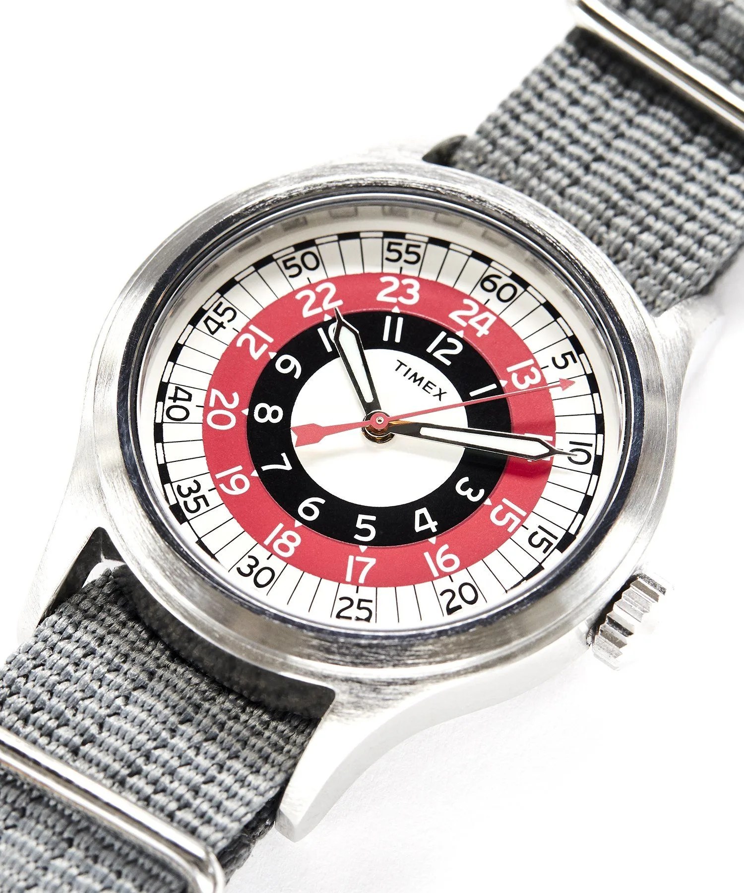 steel watch with red, black, and white dial